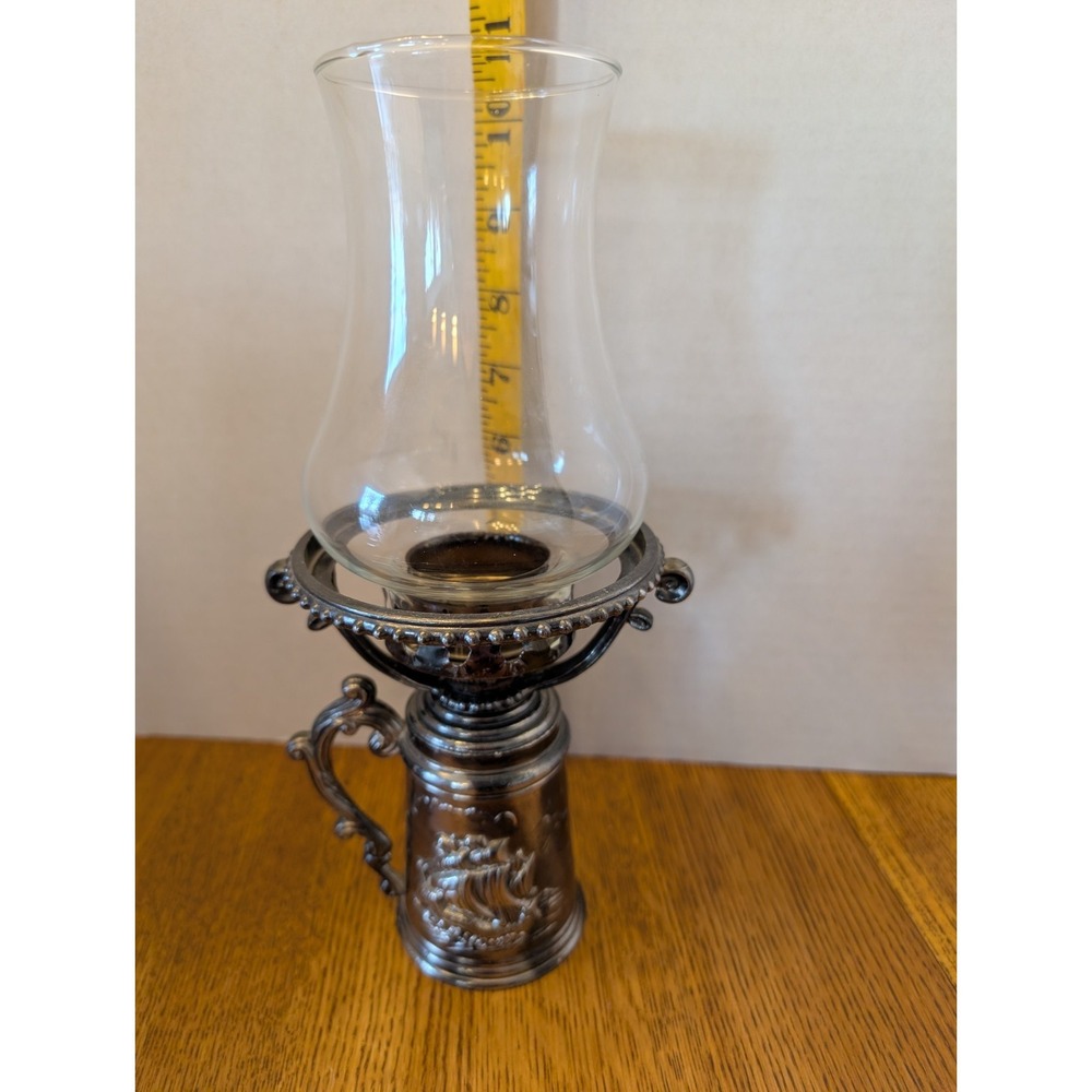 Silver Toned Metal Ship Themed‎ Votive or Tea Light Candle Holder With Hurricane